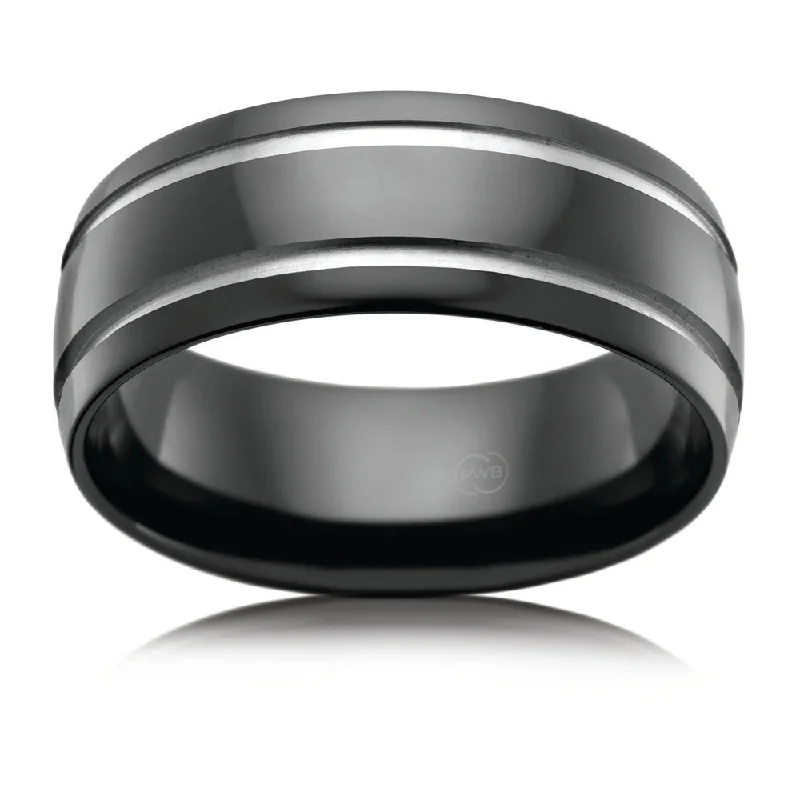 Wide gold rings-Zirconium 8mm Gents Ring 2 Grooves. Size U.