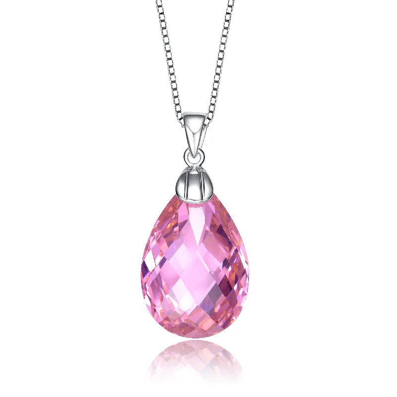 Morganite necklaces-C.z. Sterling Silver Rhodium Plated Pink Teardrop Pendant