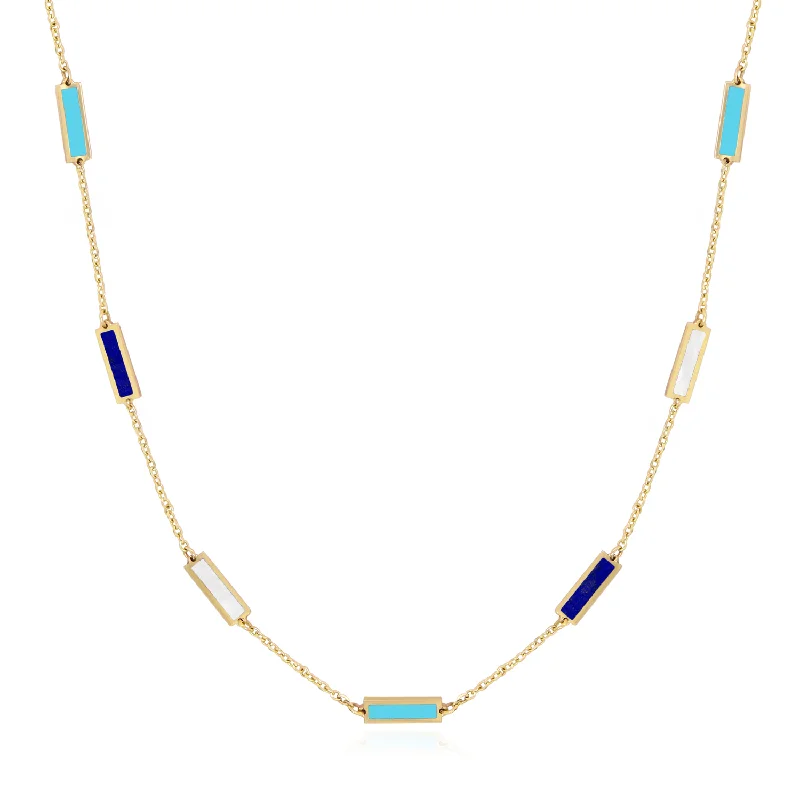 Hemp thread necklaces-Blue Mixed Bar Chain Necklace