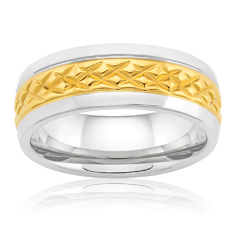 Oval shape rings-8mm Stainless Steel and Gold Plated Patterned Gents Ring