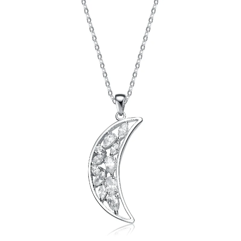 Engraved letter necklaces-Sterling Silver White Cubic Zirconia Moon-shaped Pendant