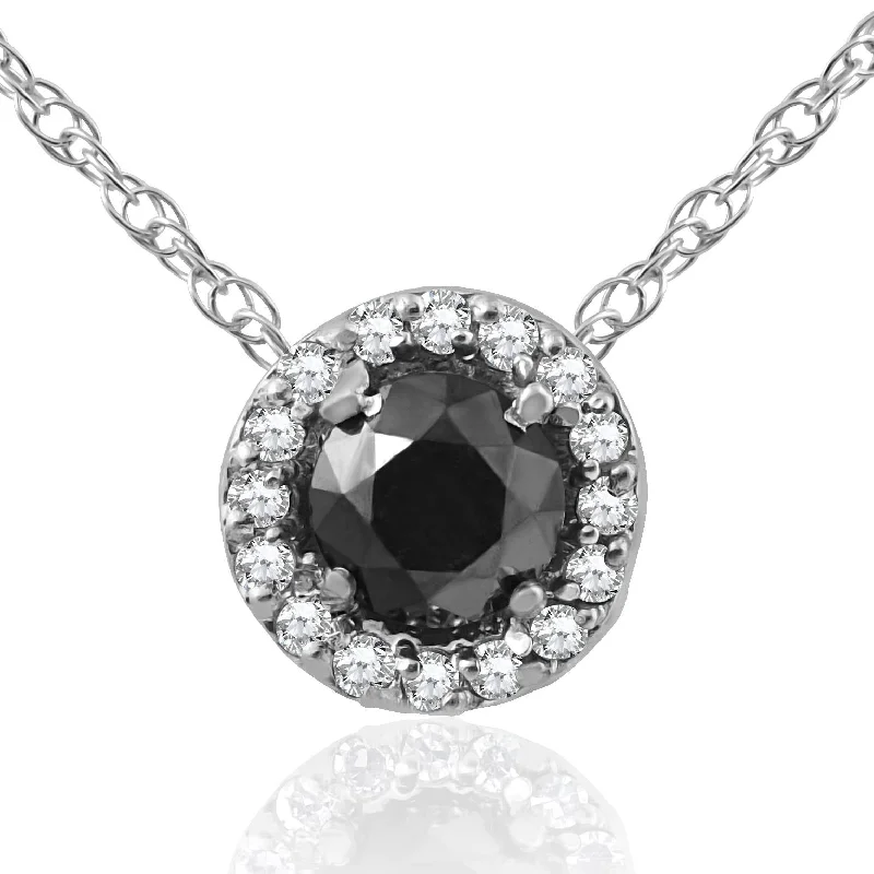 Onyx stone necklaces-3/8 ct Black & White Diamond Pave Halo Solitaire Pendant Necklace 14K Whte Gold