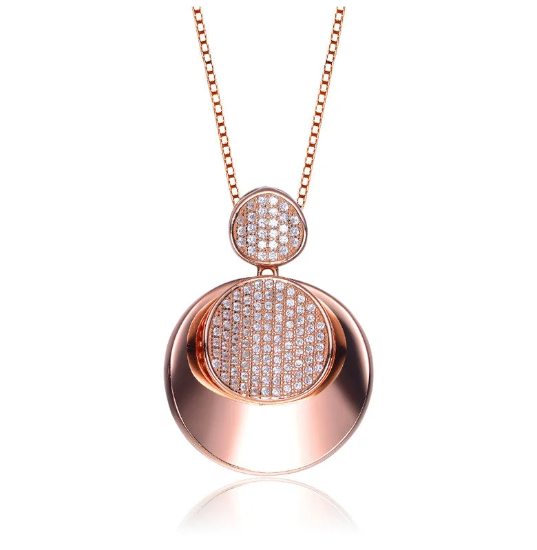 Smooth design necklaces-Sterling Silver Rose Overlay Cubic Zirconia Pave Double Circle Necklace