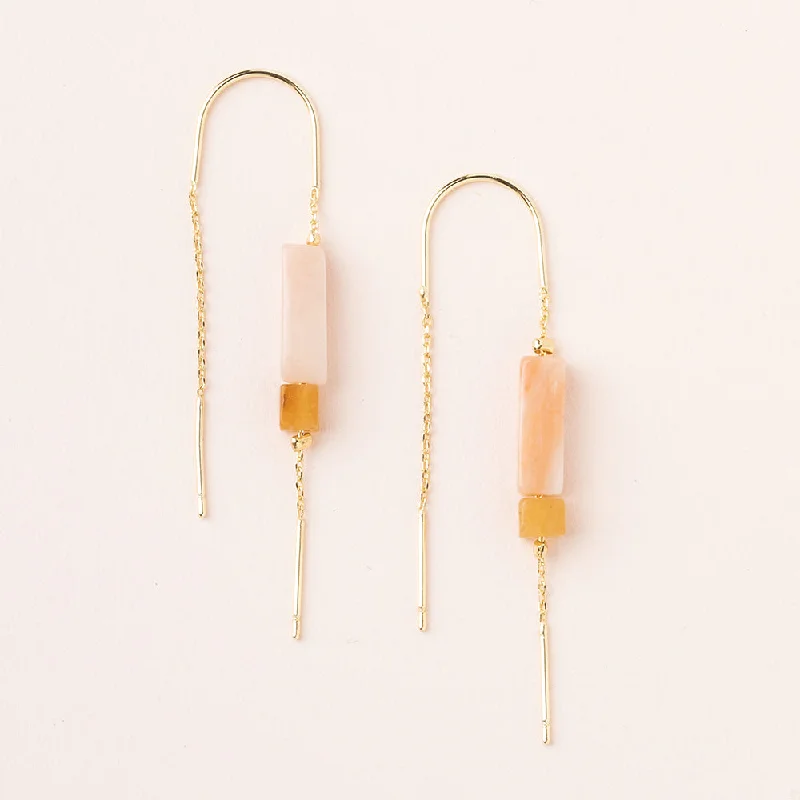 Silk cord earrings-Rectangle Stone Earring - Rose Quartz/Amber/Gold