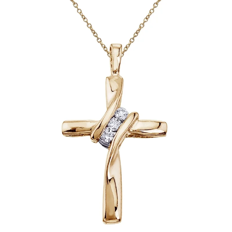 Fused metal necklaces-Three Stone Real Diamond Cross Pendant 10K Yellow Gold Necklace 19mm tall