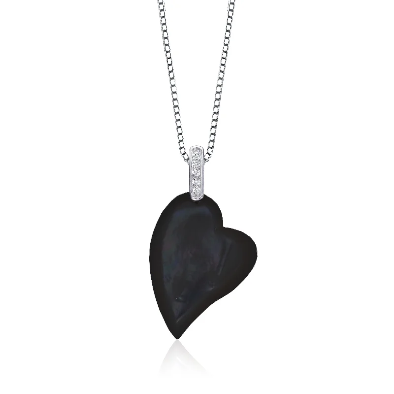 Onyx stone necklaces-C.z. Sterling Silver Rhodium Plated Heart Shape Black Mother Of Pearl Pendant