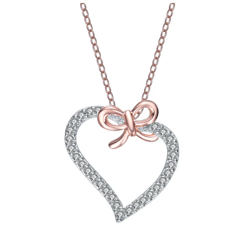 Bold druzy necklaces-Rose-plated Sterling Silver Cubic Zirconia Heart And Bowtie Necklace