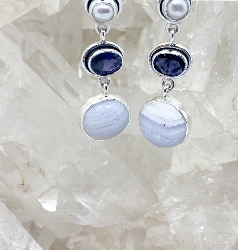 Stacked drop earrings-Blue Lace Agate Sterling Silver Earrings With Pearl,Tanzanite $135