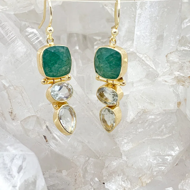 Wrapped thread earrings-Gold Plated Sterling Silver Aventurine Earrings With Clear Quartz $120