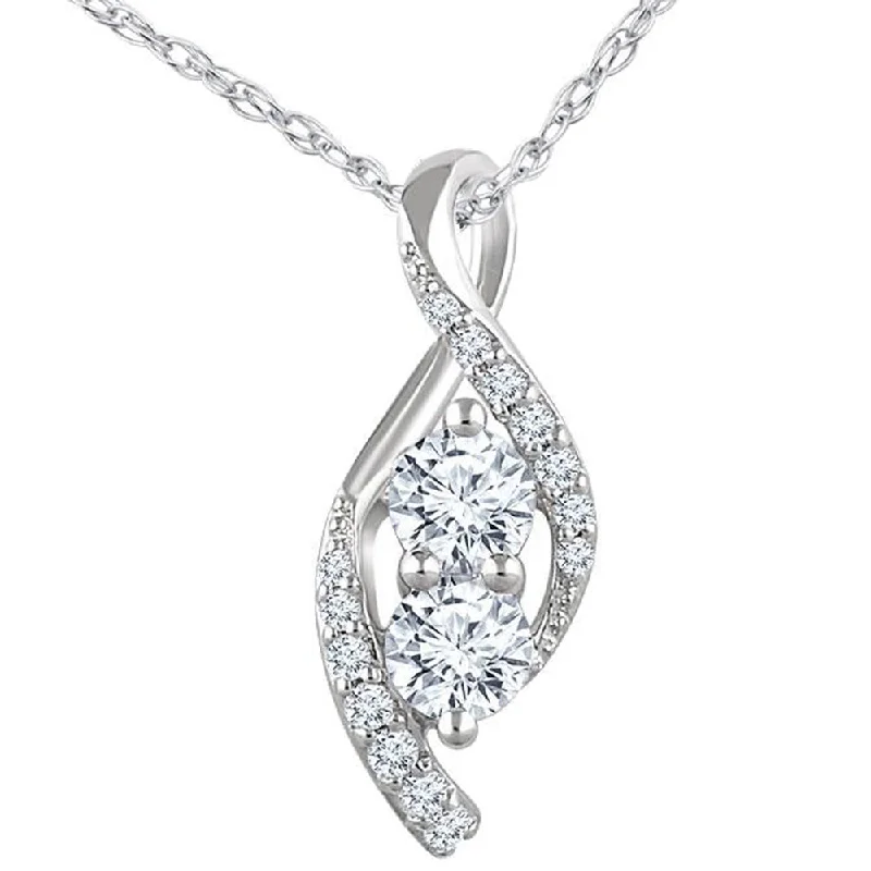 Art deco necklaces-5/8ct Two Stone Diamond Freeform Pendant 10k White Gold 5/8" Tall