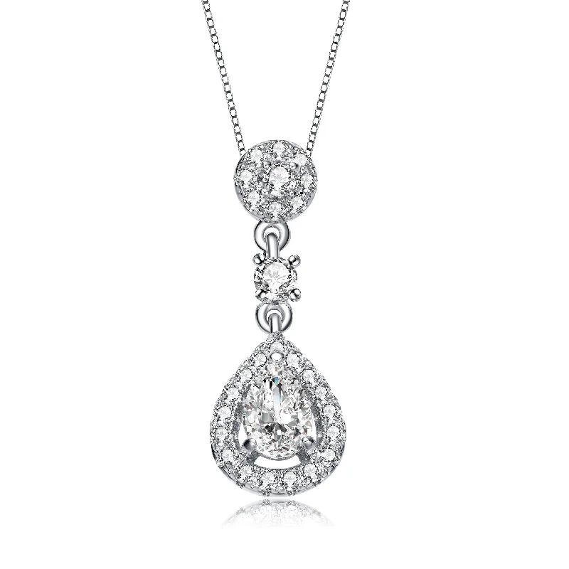 Raised bar necklaces-Sterling Silver With Rhodium Plated Pear And Round Cubic Zirconia Accent Drop Pendant Necklace