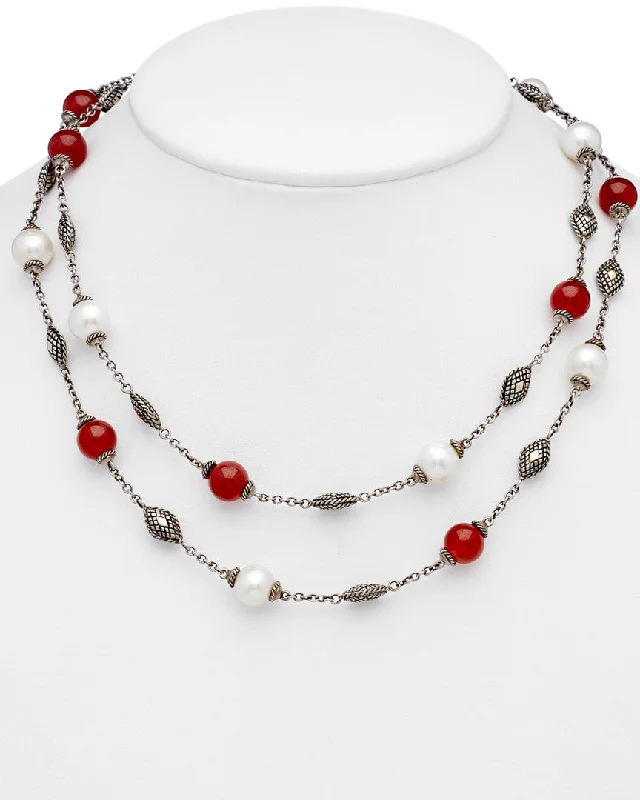 Wide chain necklaces-Andrea Candela "Vibora" 18K & Silver 5-8mm Pearl & Jade Necklace