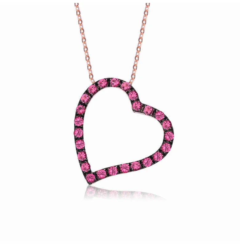 Wave shape necklaces-Sterling Silver With Rose Gold And Black Plated Pink Round Cubic Zirconia Open Heart Necklace