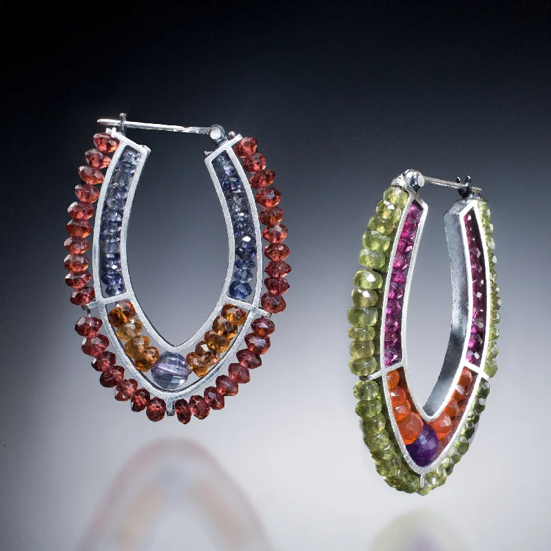 Light drop earrings-Gemstone Double Hoop Earrings (red & green)