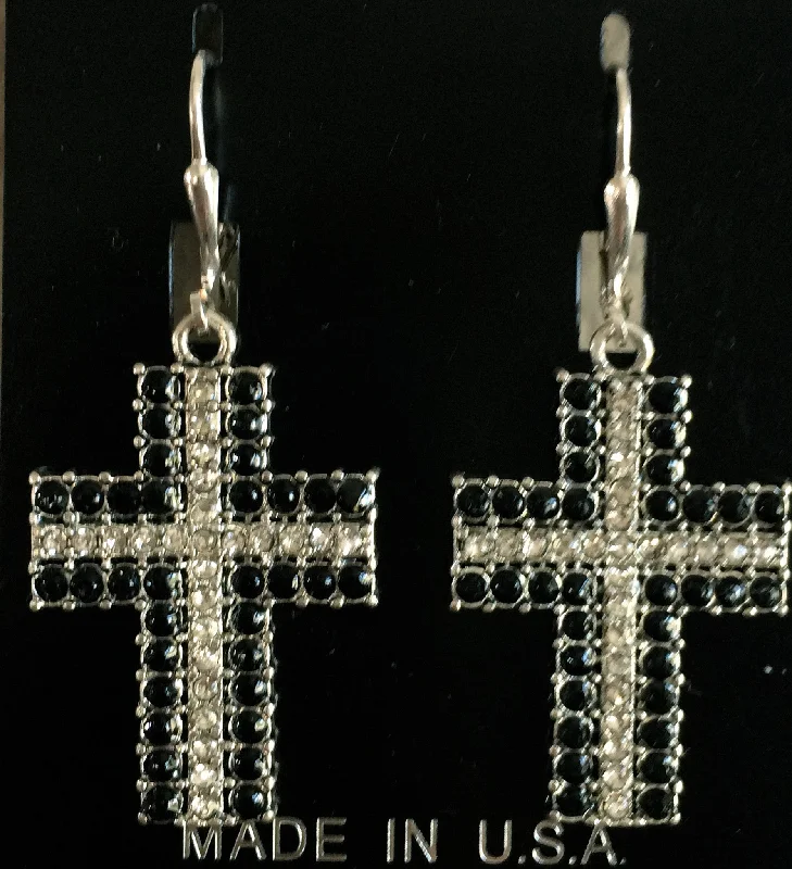 Silk tassel earrings-Black & Silver Cross Earrings