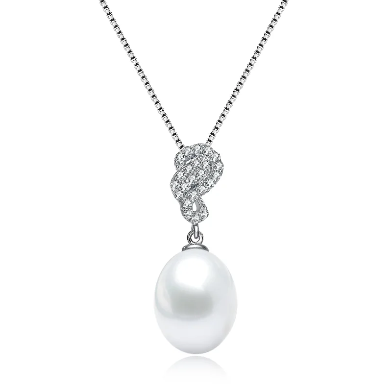 Crystal-twisted necklaces-C.z. Sterling Silver Rhodium Plated Swirl Design Pink Pearl Drop Pendant