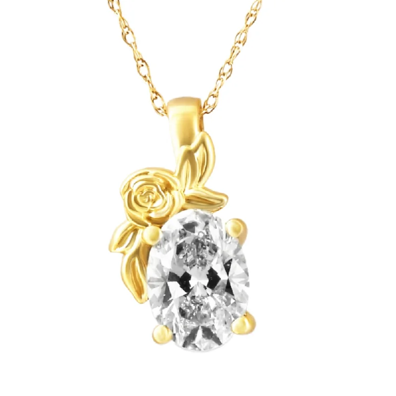 Bold druzy necklaces-1 Ct Oval Diamond Solitaire Pendant Lab Grown Floral 14k Yellow Gold Necklace