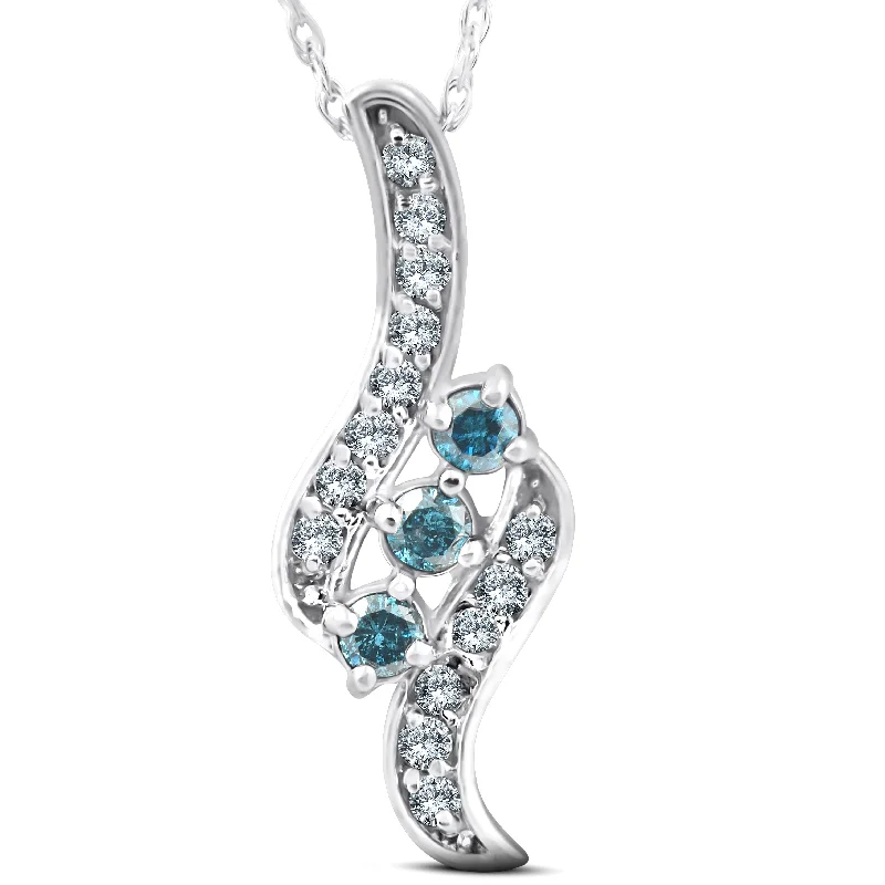 Wide chain necklaces-1/3ct 3-Stone Blue Diamond Pendant 14 KT White Gold