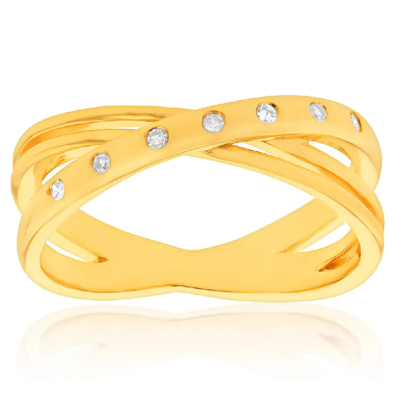 Secure clasp rings-14ct Gold Plated Sterling Silver Diamond Cross Over Ring with 7 Diamonds