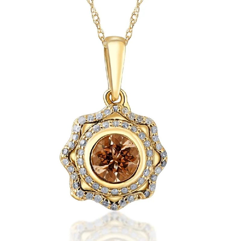 Patina silver necklaces-1Ct Morganite & Natural Diamond Vintage Double Halo Pendant 14K Yellow Gold