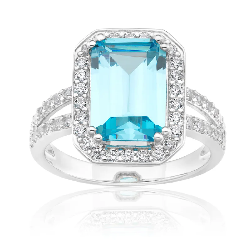 Thin star rings-Sterling Silver Sky Blue Zirconia Emerald Cut Ring