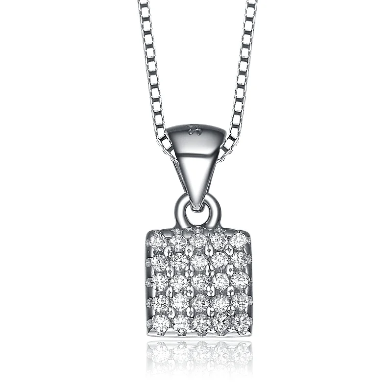 Fern design necklaces-C.z. Sterling Silver Rhodium Plated Square Shape Pendant