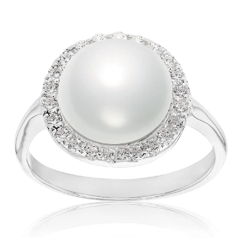 Smooth design rings-Sterling Silver Swarovski Pearl & Cubic Zirconia Halo Ring