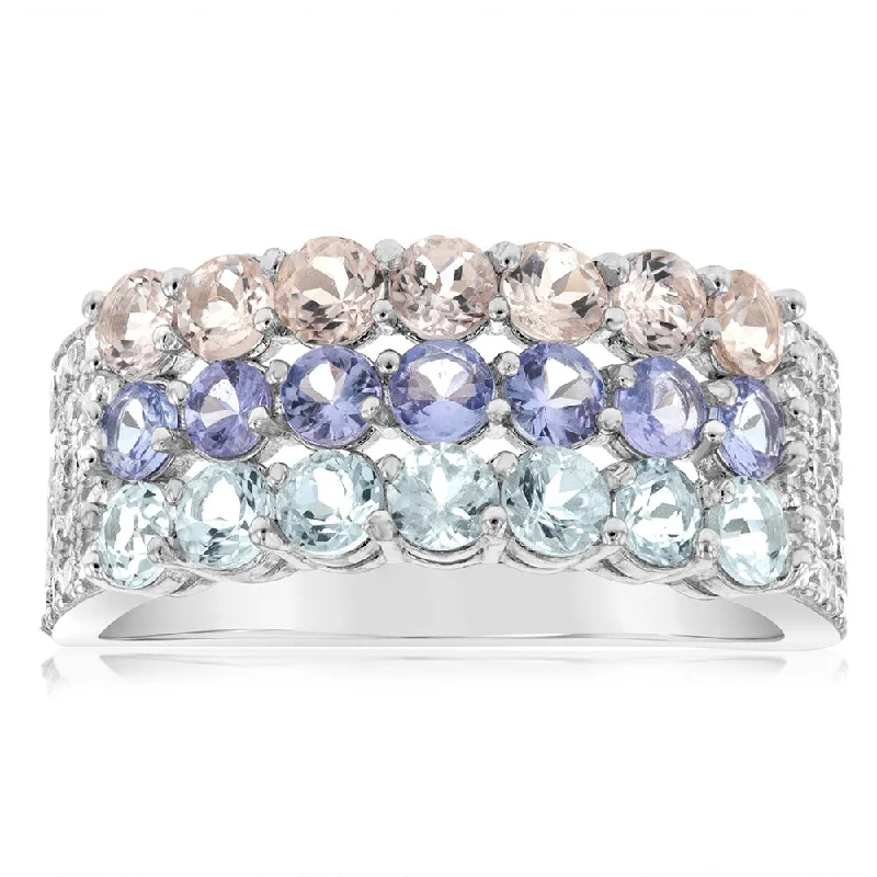 Twisted motif rings-Aquamarine, Morganite, Tanzanite & White Zirconia Ring Set in Silver