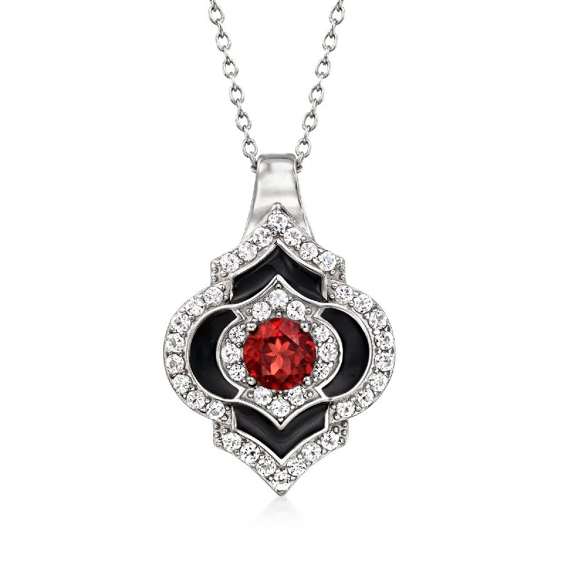 Smooth design necklaces-Ross-Simons Garnet and Black Enamel Pendant Necklace With . White Topaz in Sterling Silver