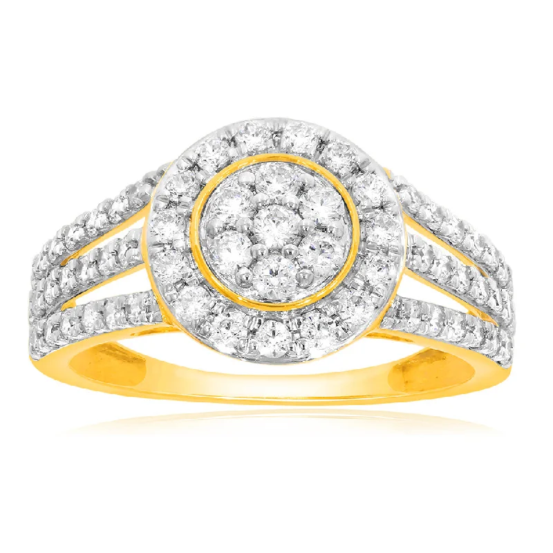 Raised letter rings-9ct Yellow Gold 1 Carat Diamond Round Shape Cluster Ring