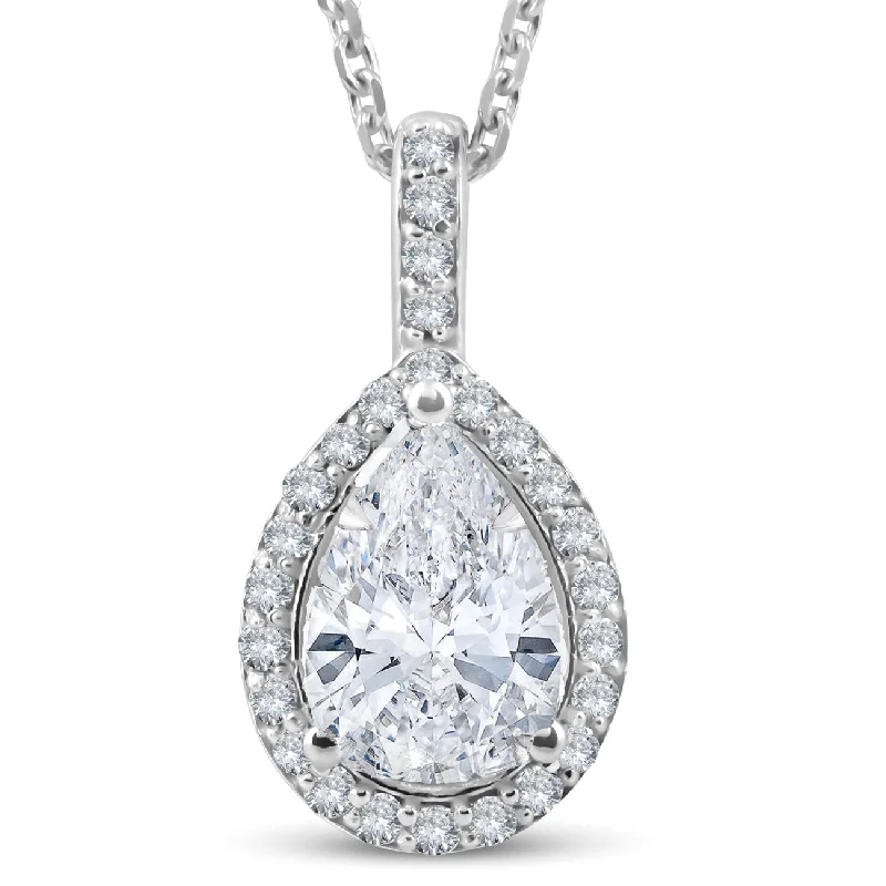 Clear-line necklaces-1 1/4Ct Pear Shape Halo Diamond Pendant 14k White Gold Necklace Lab Grown