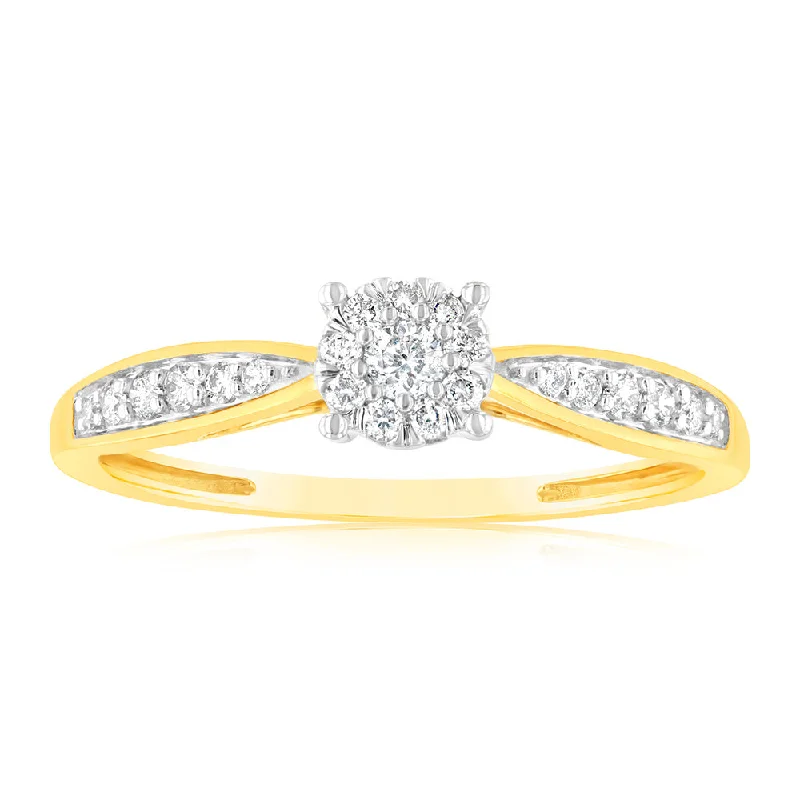 Twisted cord rings-9ct Yellow Gold 1/4 Carat Diamond Halo Solitaire Ring with Diamond 12 Side Diamonds