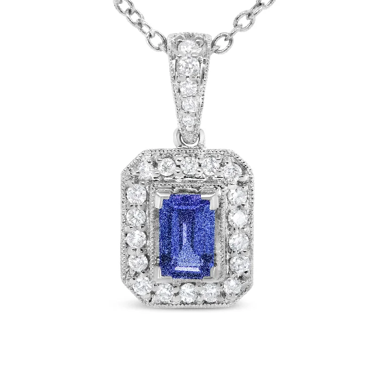 Vine weave necklaces-18K White Gold 1/4 Cttw Round Diamond and 6x4mm Purple Tanzanite Halo 18" Pendant Necklace