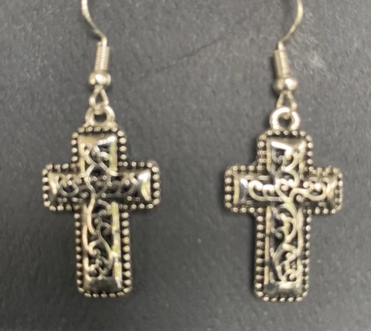 Vintage clip earrings-Silver Cross Earrings