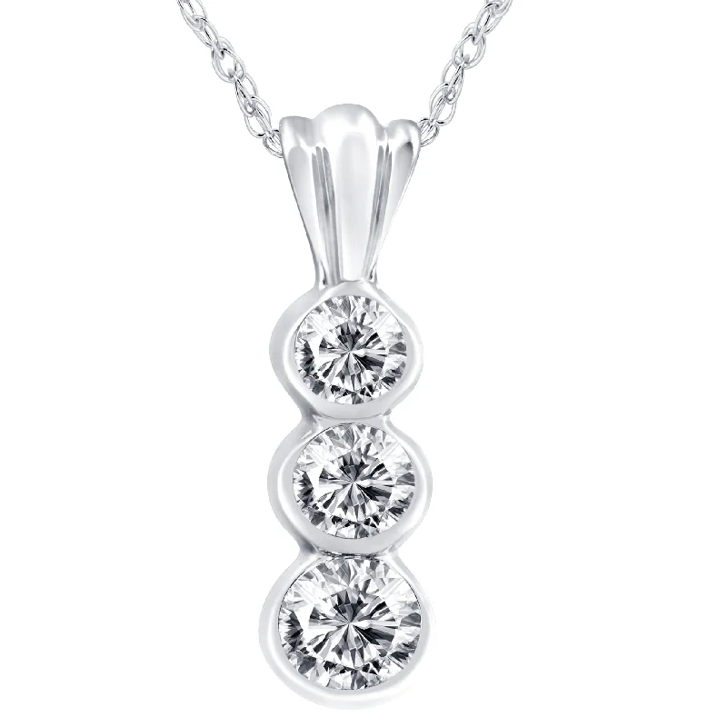 Bright bead necklaces-1/2ct Bezel 3 Stone Diamond Pendant 14K White Gold