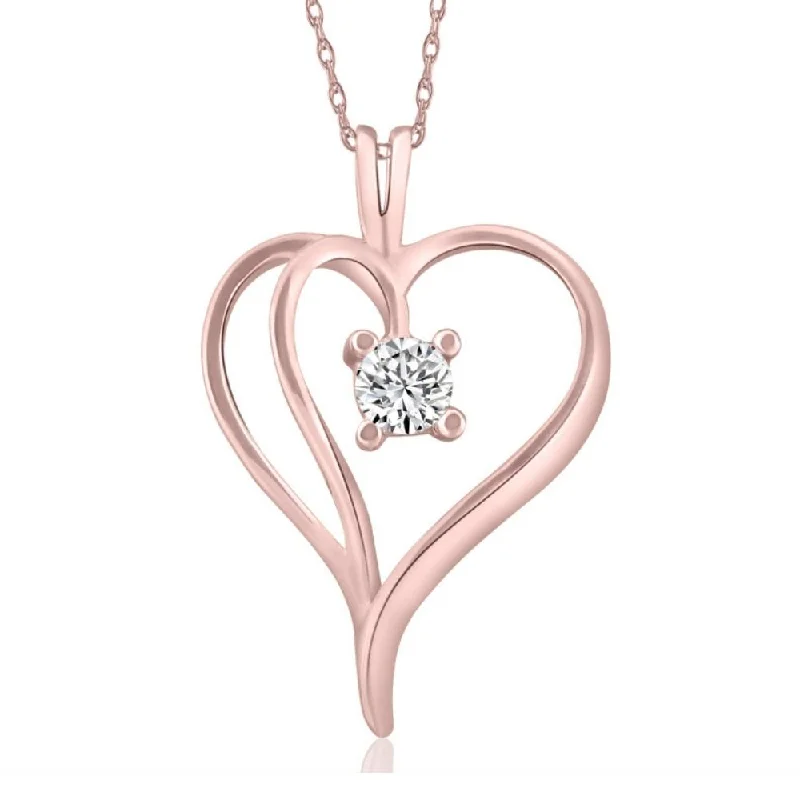 Pure crystal necklaces-1/3Ct Solitaire Round Diamond Heart Pendant & Chain 10K Rose Gold 1" Tall