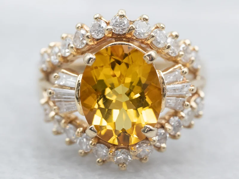 Multi-gem rings-Gold Yellow Beryl and Diamond Cocktail Ring