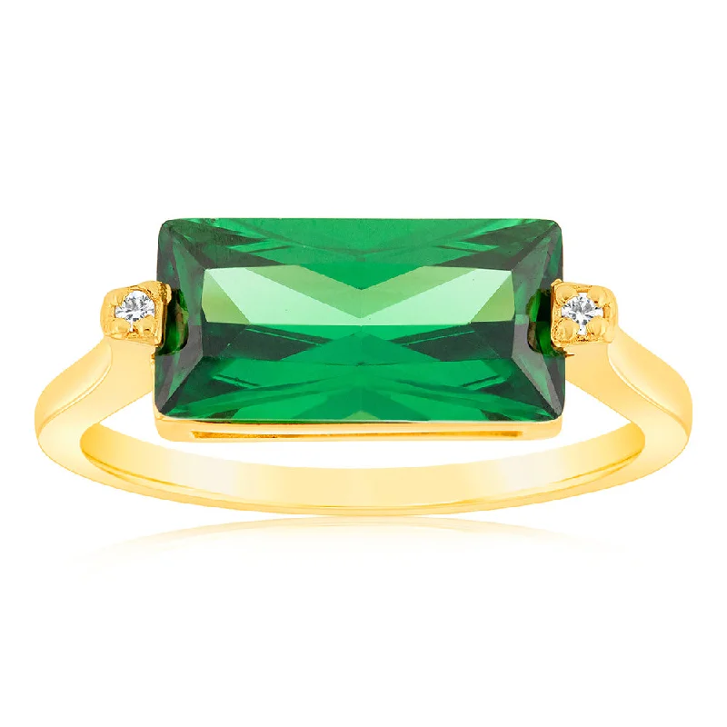 Thin star rings-Sterling Silver Gold Plated Emerald Colour Rectangular Zirconia Ring