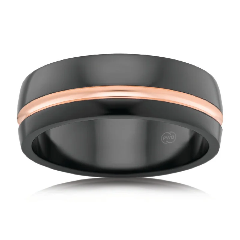 Large geometric rings-Zirconium and 9ct Rose Gold 8mm Gents Ring. Size U.