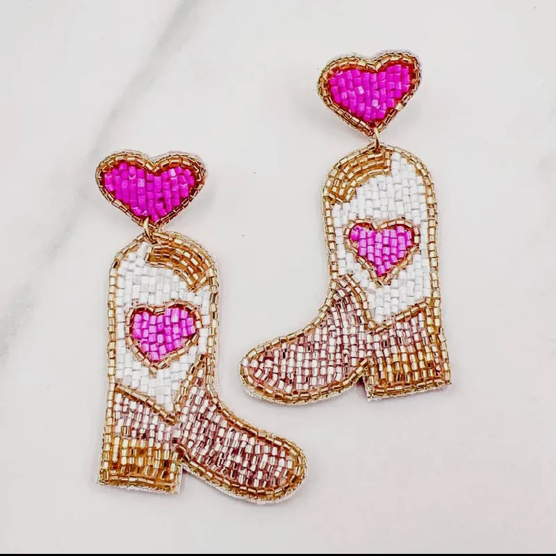 Spinel earrings-Pink Heart Boot Beaded Earrings