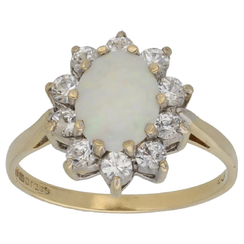 Victorian style rings-9ct Gold Opal & Cubic Zirconia Cluster Ring Size P