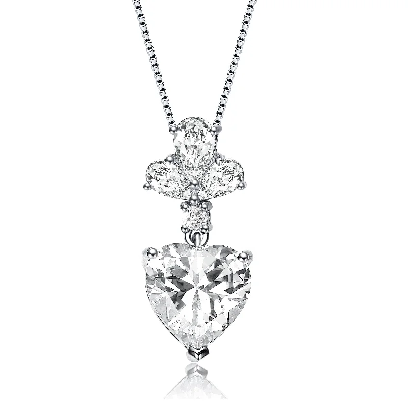 Wide chain necklaces-Sterling Silver Clear Cubic Zirconia Accent Heart Shaped Pendant Necklace