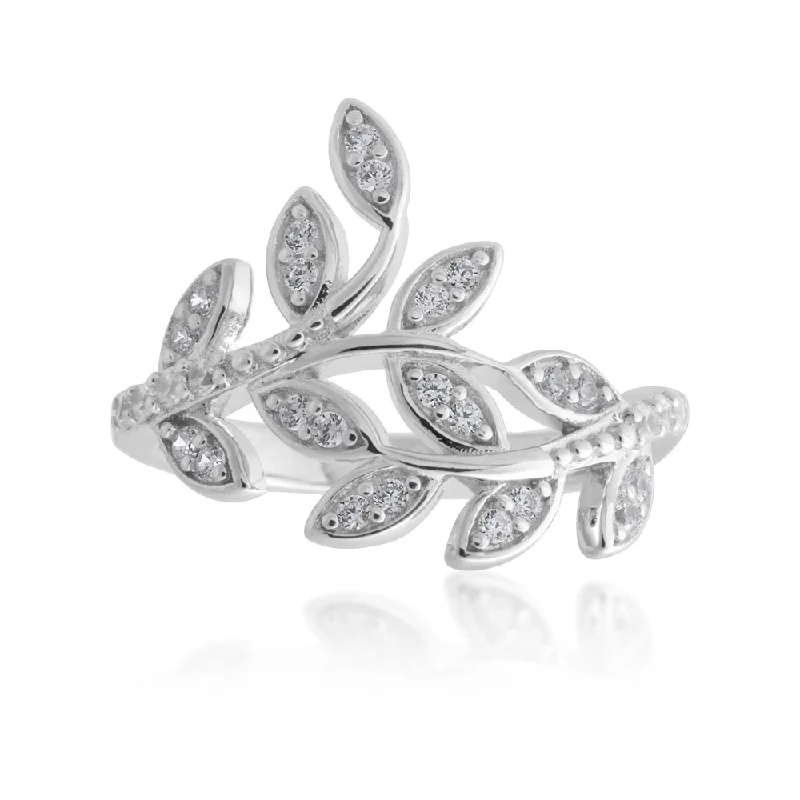 Curved shank rings-Sterling Silver Cubic Zirconia Leaf Ring