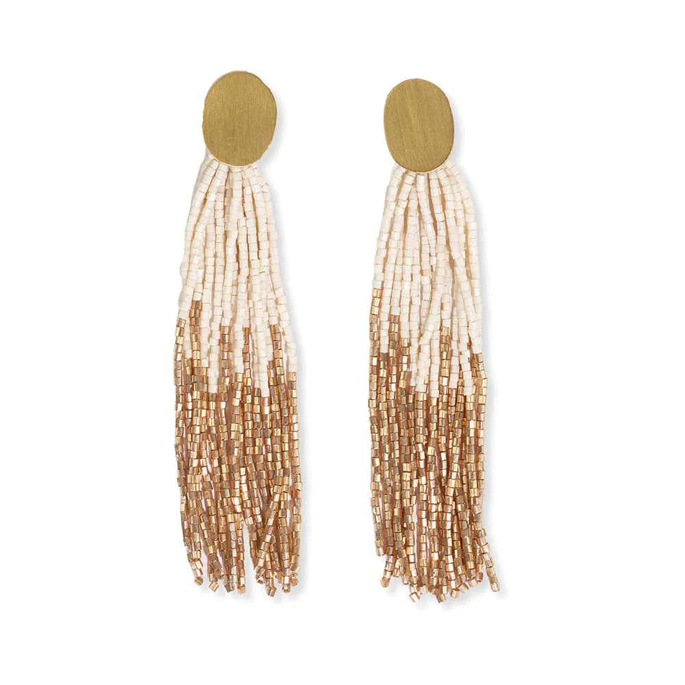 Ruby stud earrings-Mae Oval Brass Post 2-Color Beaded Tassel Earrings Ivory