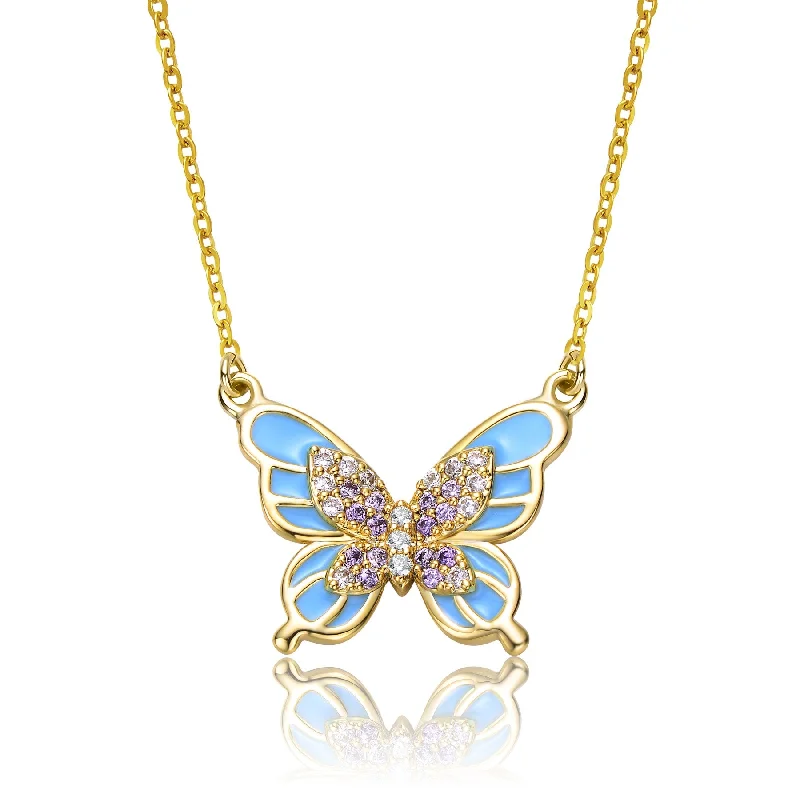 Tie-style necklaces-RG Young Adults/Teens 14k Yellow Gold Plated with Shades of Amethyst Cubic Zirconia Blue Enamel Butterfly Pendant Necklace