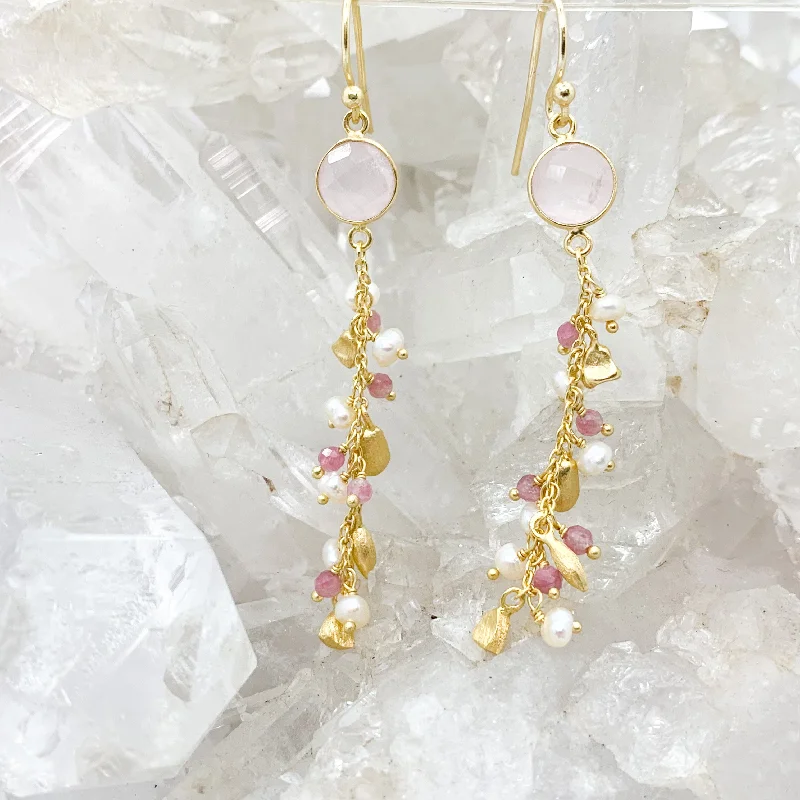 Thick statement earrings-Gold Plated Sterling Silver Rose Quartz Earrings With Pearl, Pink Tourmaline $110