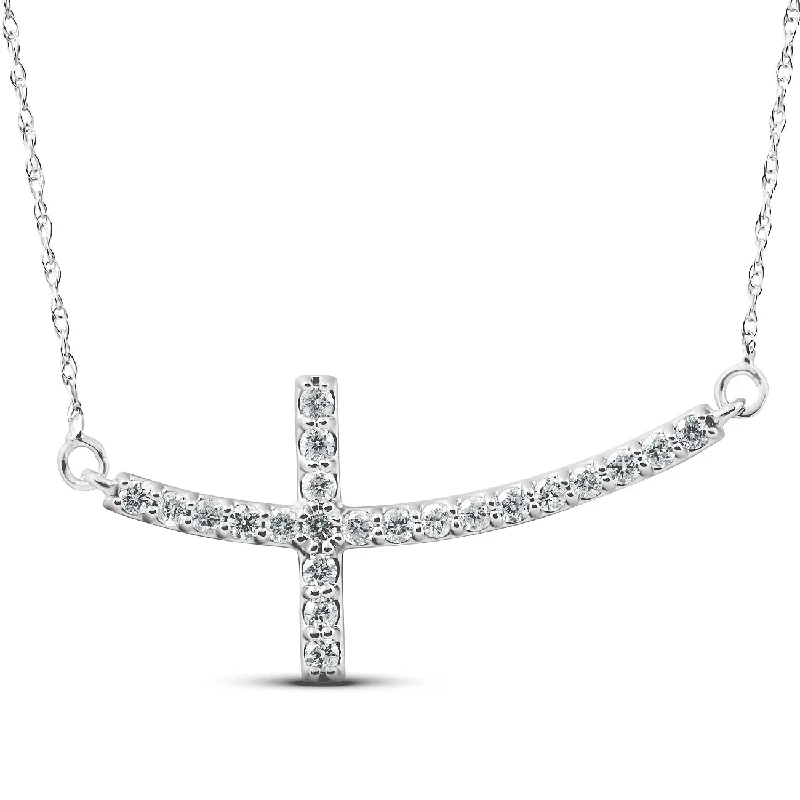 Onyx stone necklaces-.30 Ct Diamond Sideways Cross Pendant 14k White Gold & 18" Chain 1 1/4" Wide