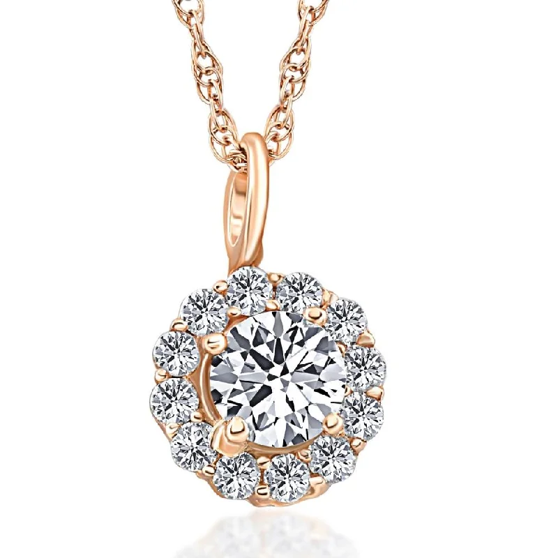 Wide chain necklaces-1 Ct Halo Diamond Pendant 14k Rose Gold 18" Chain Necklace