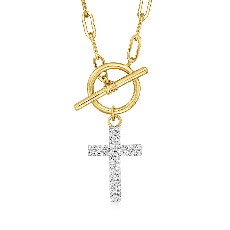 Luxe diamond necklaces-Ross-Simons Diamond Cross Paper Clip Link Toggle Necklace in 18kt Gold Over Sterling