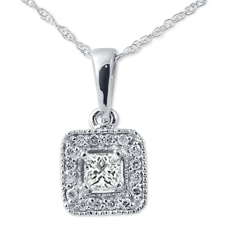 Engraved letter necklaces-3/8ct Princess Cut Solitaire Halo Vintage Pendant 14K White Gold